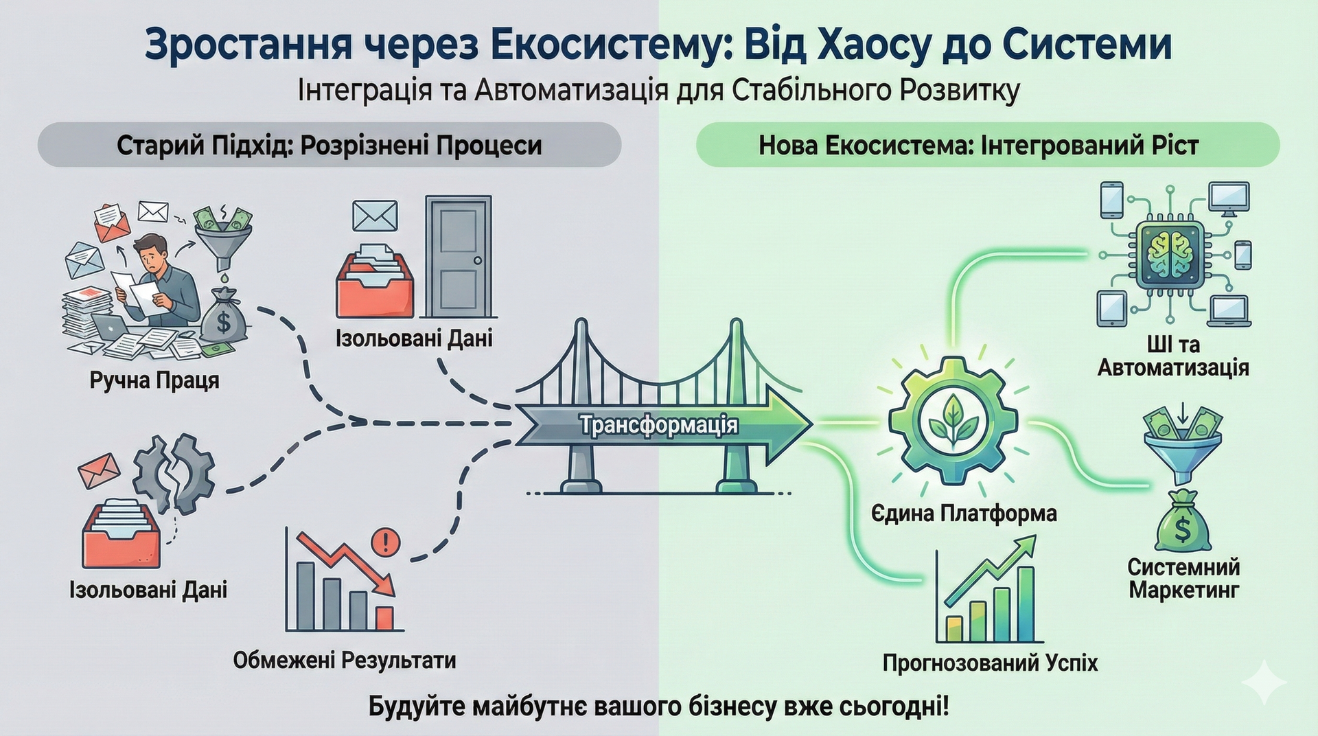 Інфографіка трансформації бізнесу: перехід від хаосу, ручної праці та ізольованих даних до нової екосистеми з AI-автоматизацією та системним маркетингом.