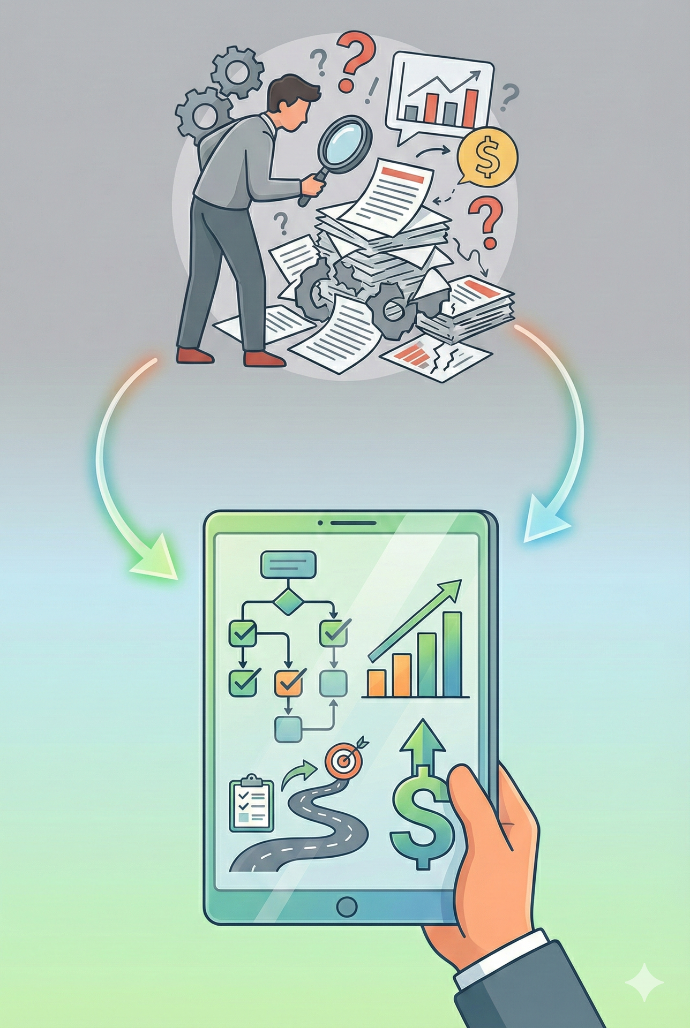 Маркетинговий аудит та план дій: ілюстрація перетворення хаосу в бізнес-процесах на чітку аналітику та покрокову стратегію зростання.